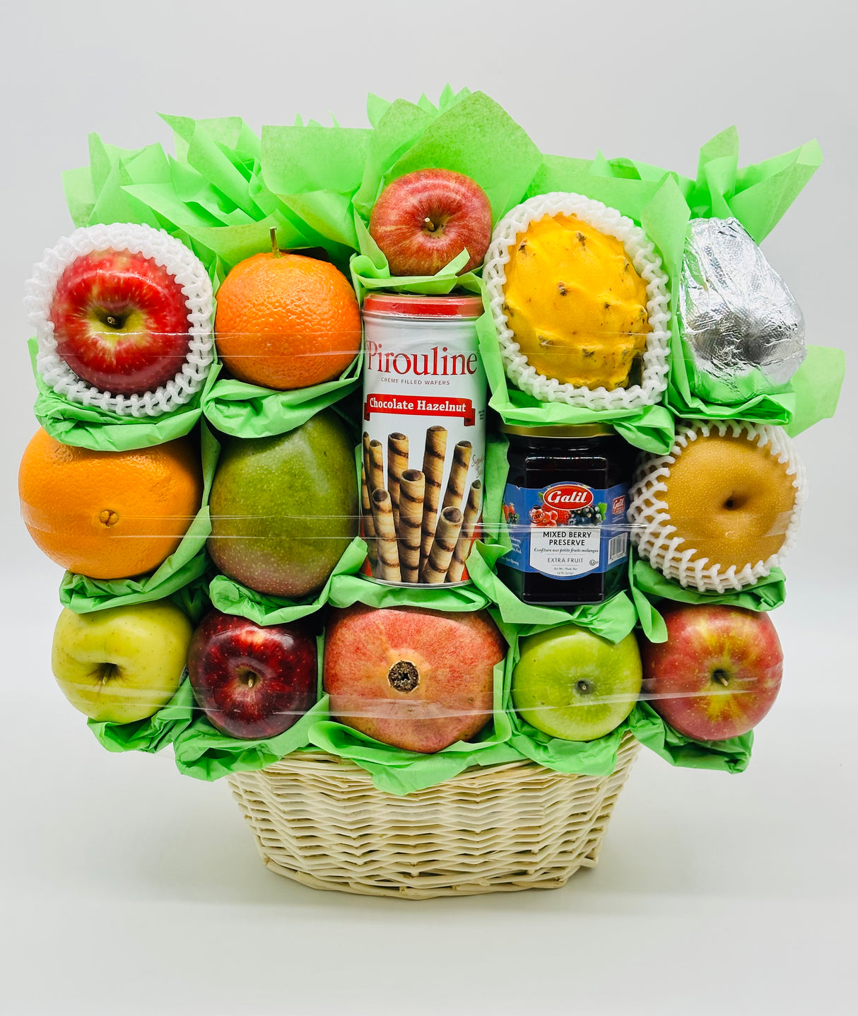 Classic fruit gift basket apples pears oranges Ashers chocolate pretzels Pirouline wafers