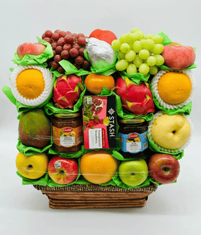 Luxury fruit gift basket dragon fruit mangoes apples pears chocolate truffles gourmet tea