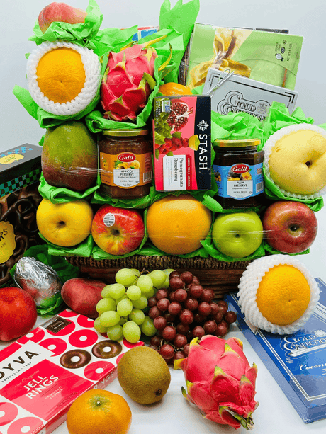 Deluxe fruit chocolate gift basket premium selection tropical fruits shortbread cookies